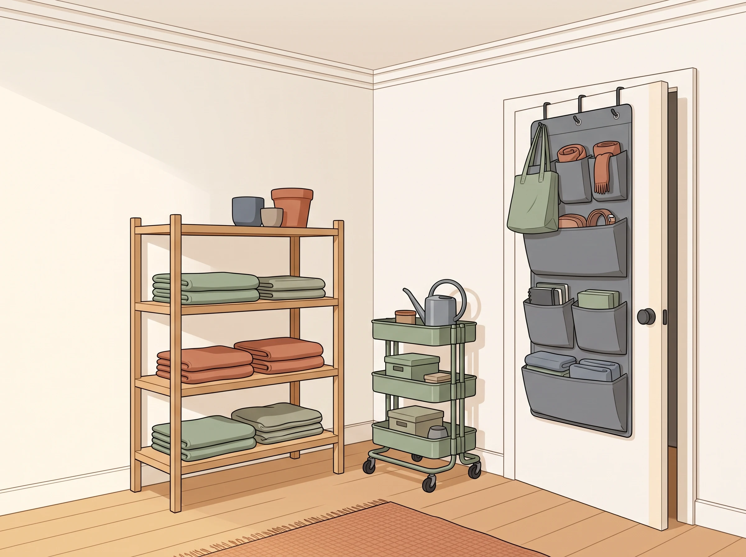 Apartment door with a plain over-the-door organizer holding bags, accessories, and lightweight supplies.