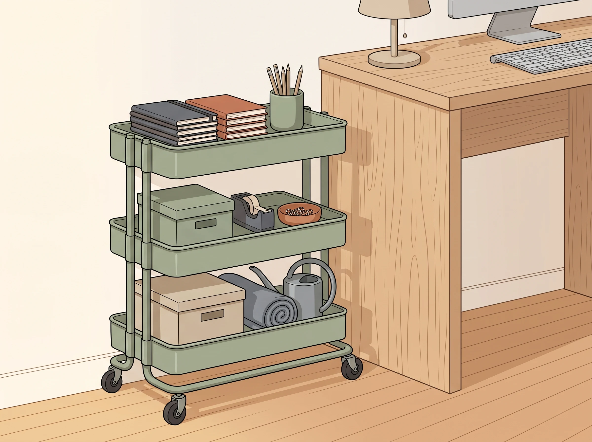 Simple rolling cart used beside a desk in a small apartment with supplies organized by shelf.