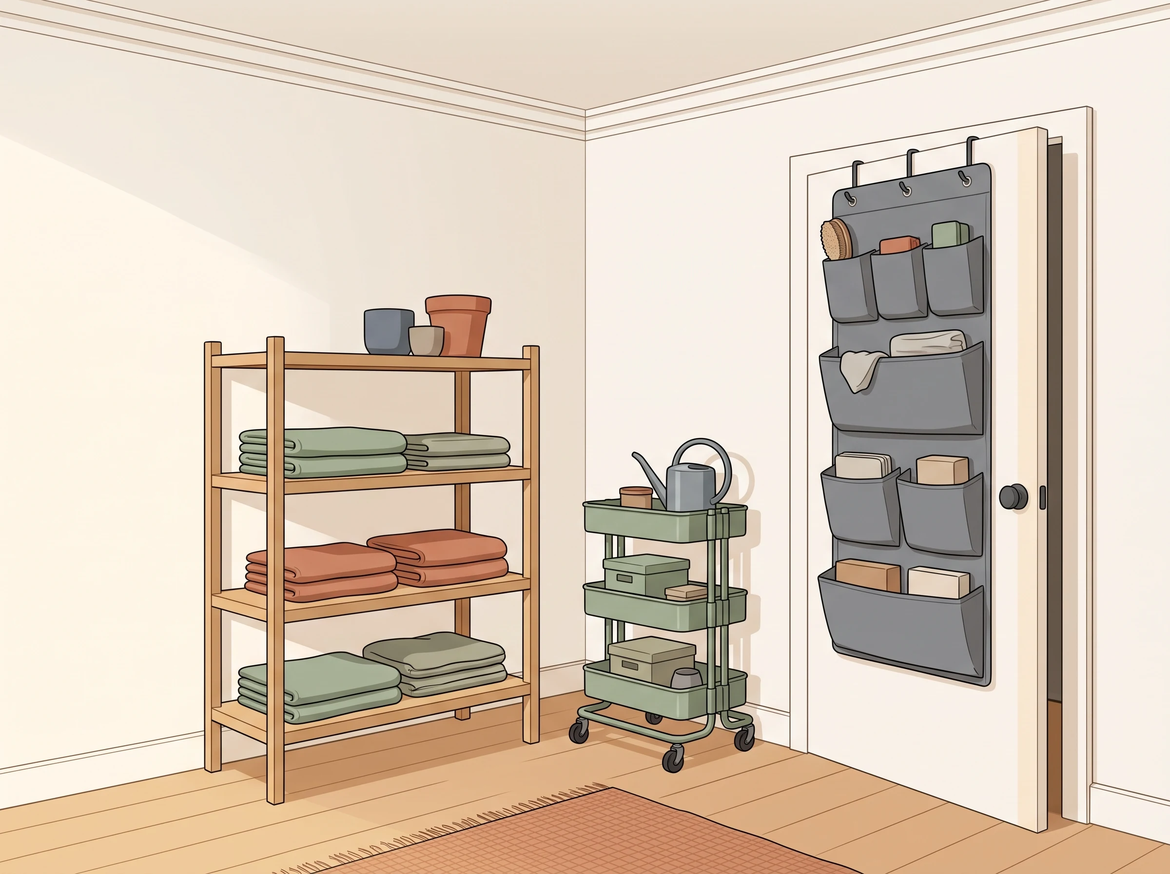 A small apartment entry and living area using movable storage, an over-door organizer, and a storage bench without permanent wall installation.
