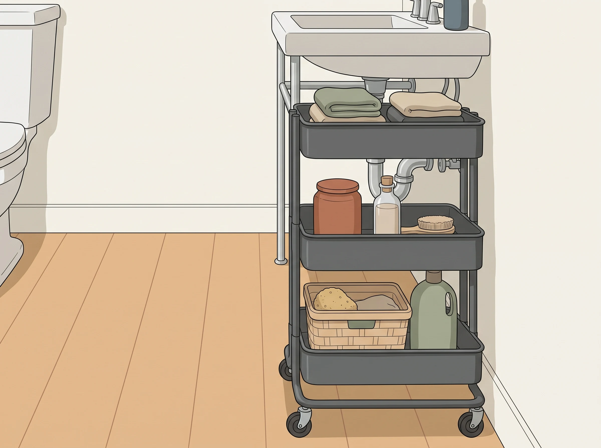 Slim rolling cart beside a bathroom sink holding towels and everyday toiletries.