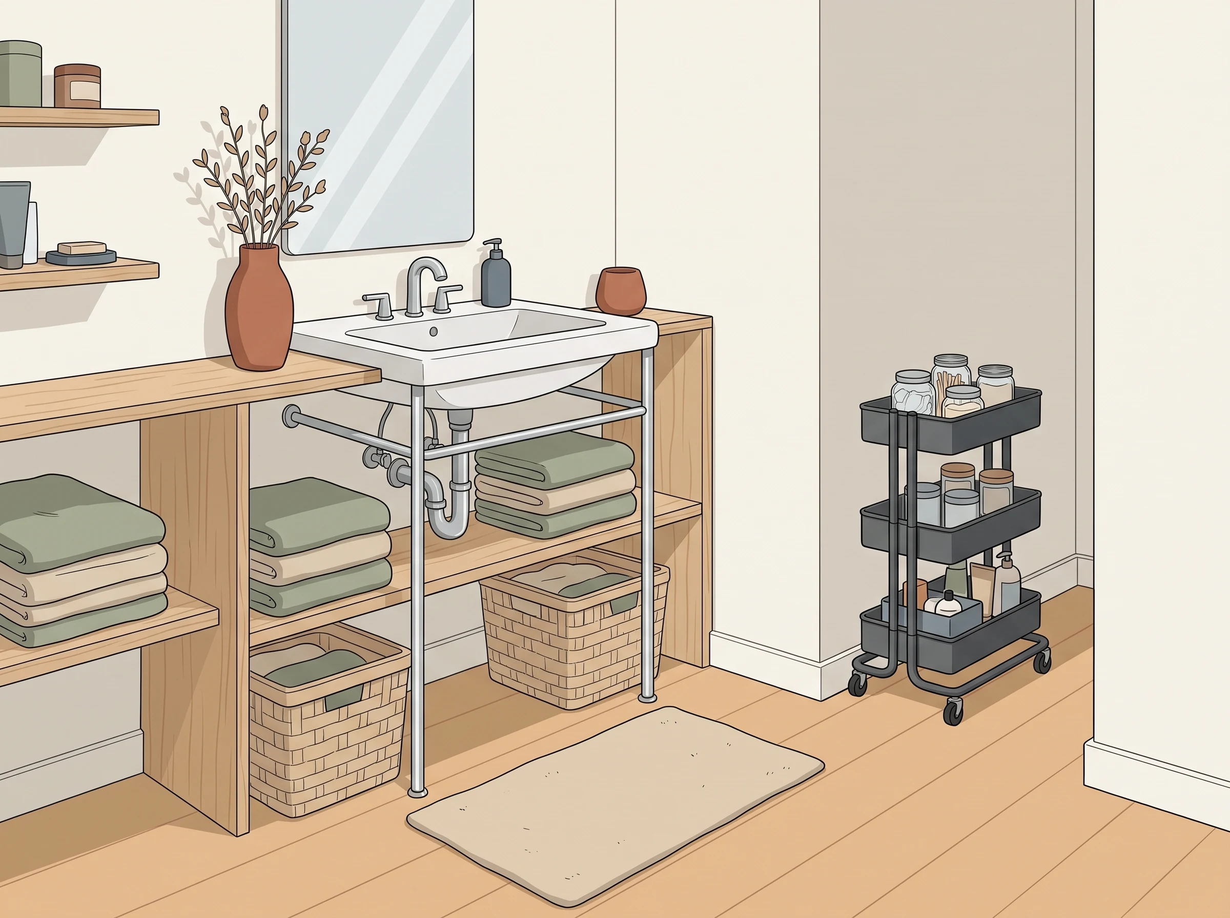A compact bathroom with a pedestal sink, a freestanding shelf around the plumbing, and a slim cart for toiletries.