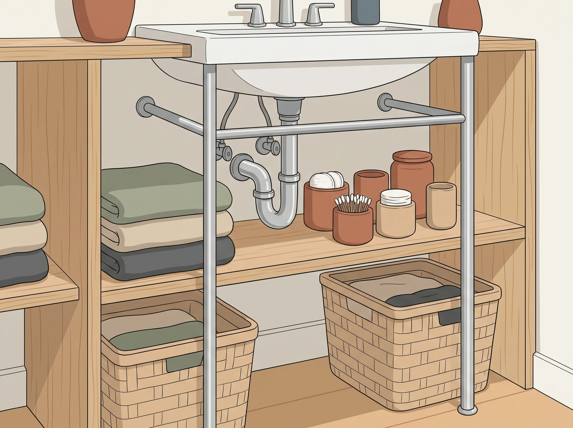 Open shelves around exposed bathroom sink plumbing with folded towels and small containers.