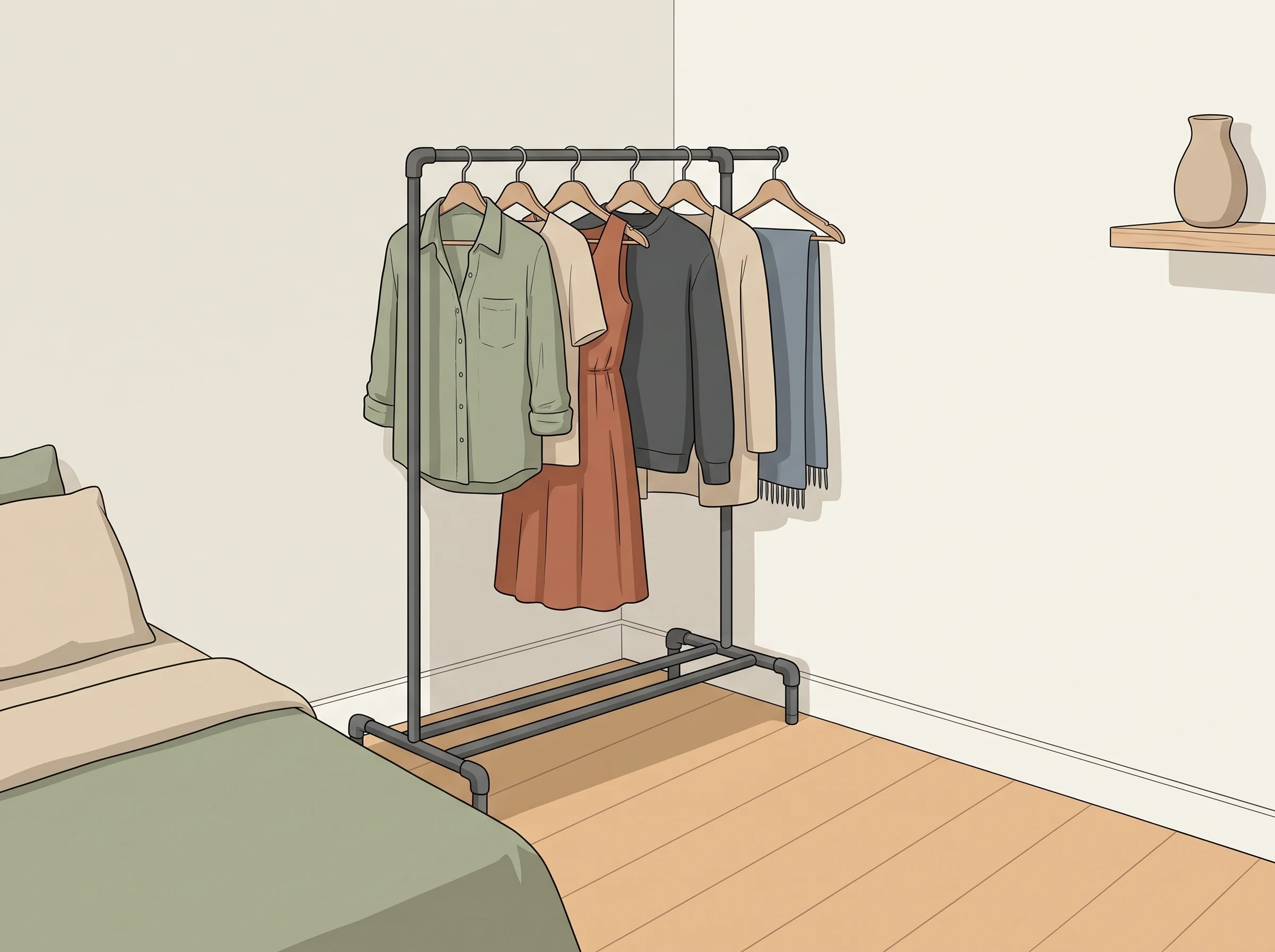 Compact freestanding clothing rail with a small edited selection of hanging clothes.