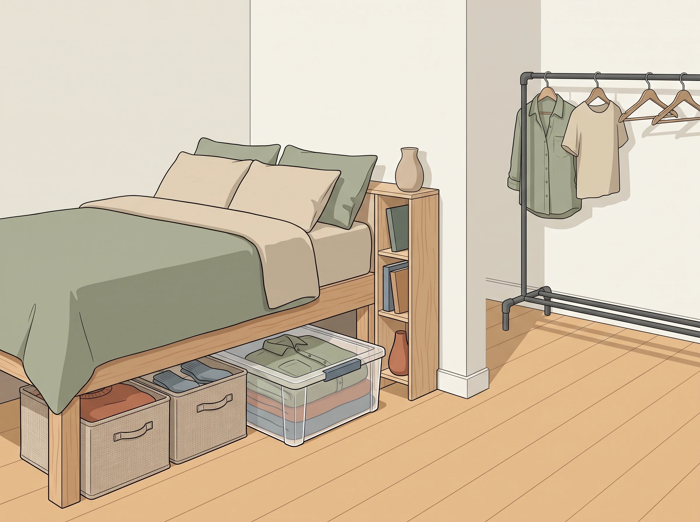 Under-bed containers holding neatly folded seasonal clothing in a bedroom with no closet.