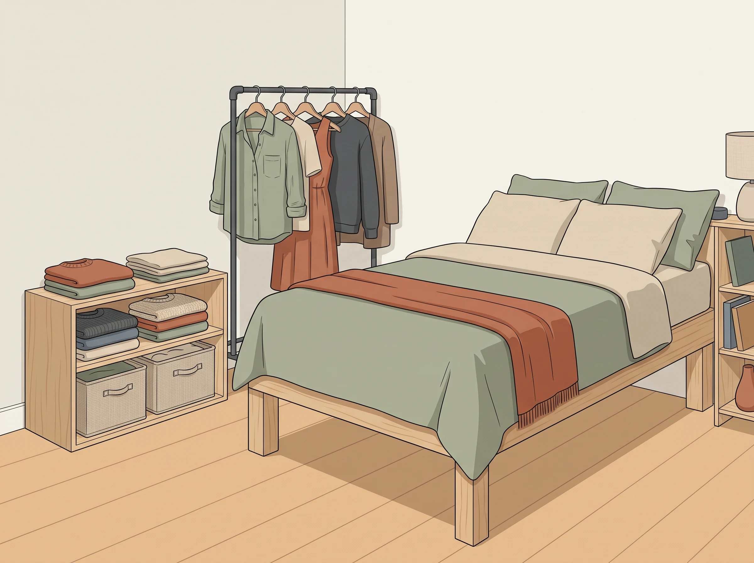 A compact bedroom with an open wardrobe zone, neatly folded clothing, and a curtain that can conceal the storage.
