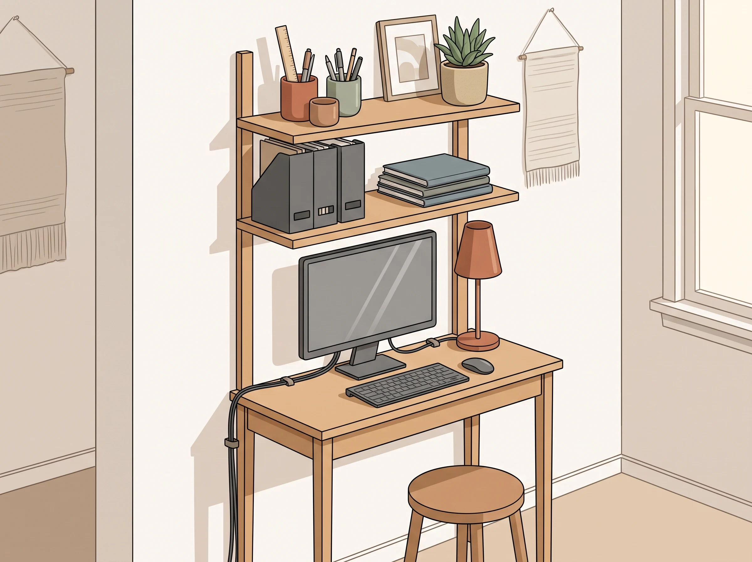 A compact workspace with a narrow desk, monitor riser, cable management, and vertical organization above the desk.