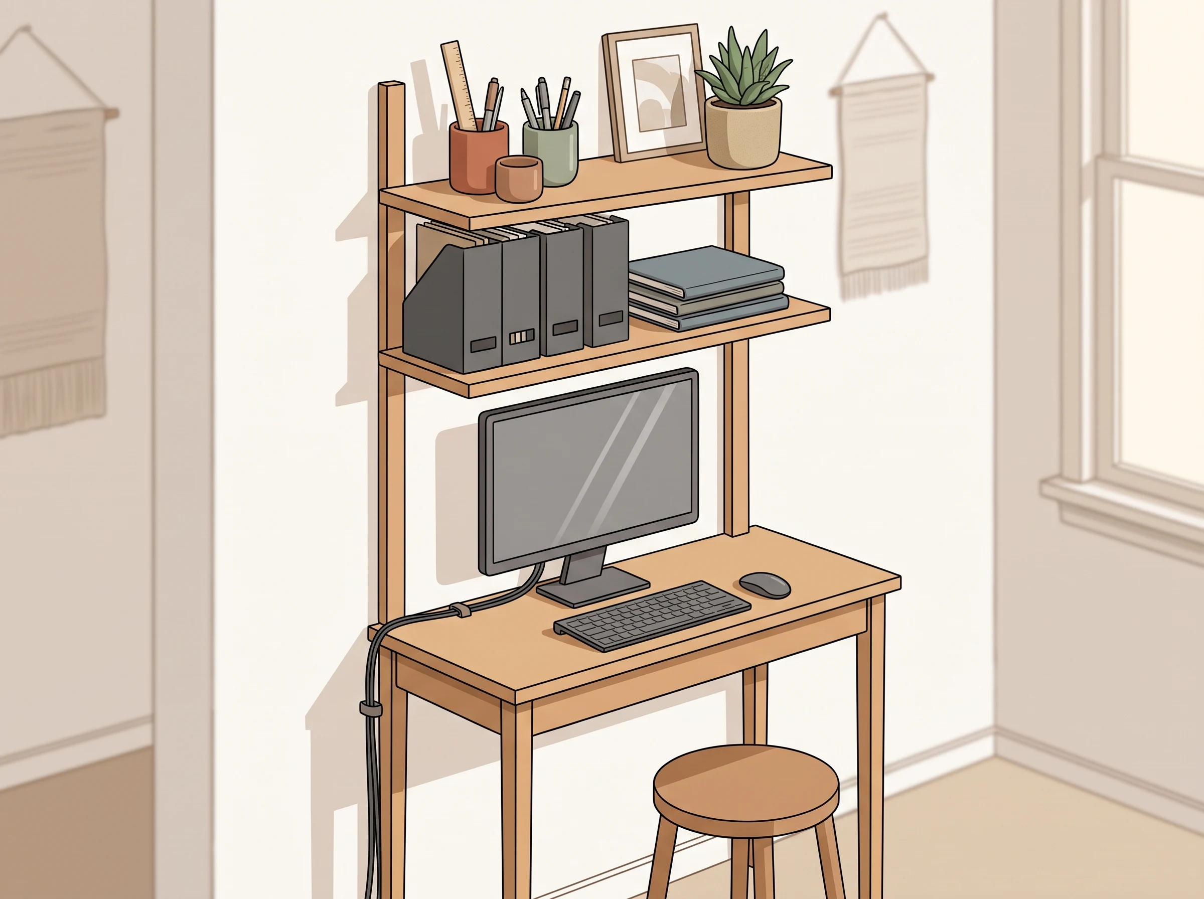 Narrow desk with open shelves above holding folders, books, and small office containers.