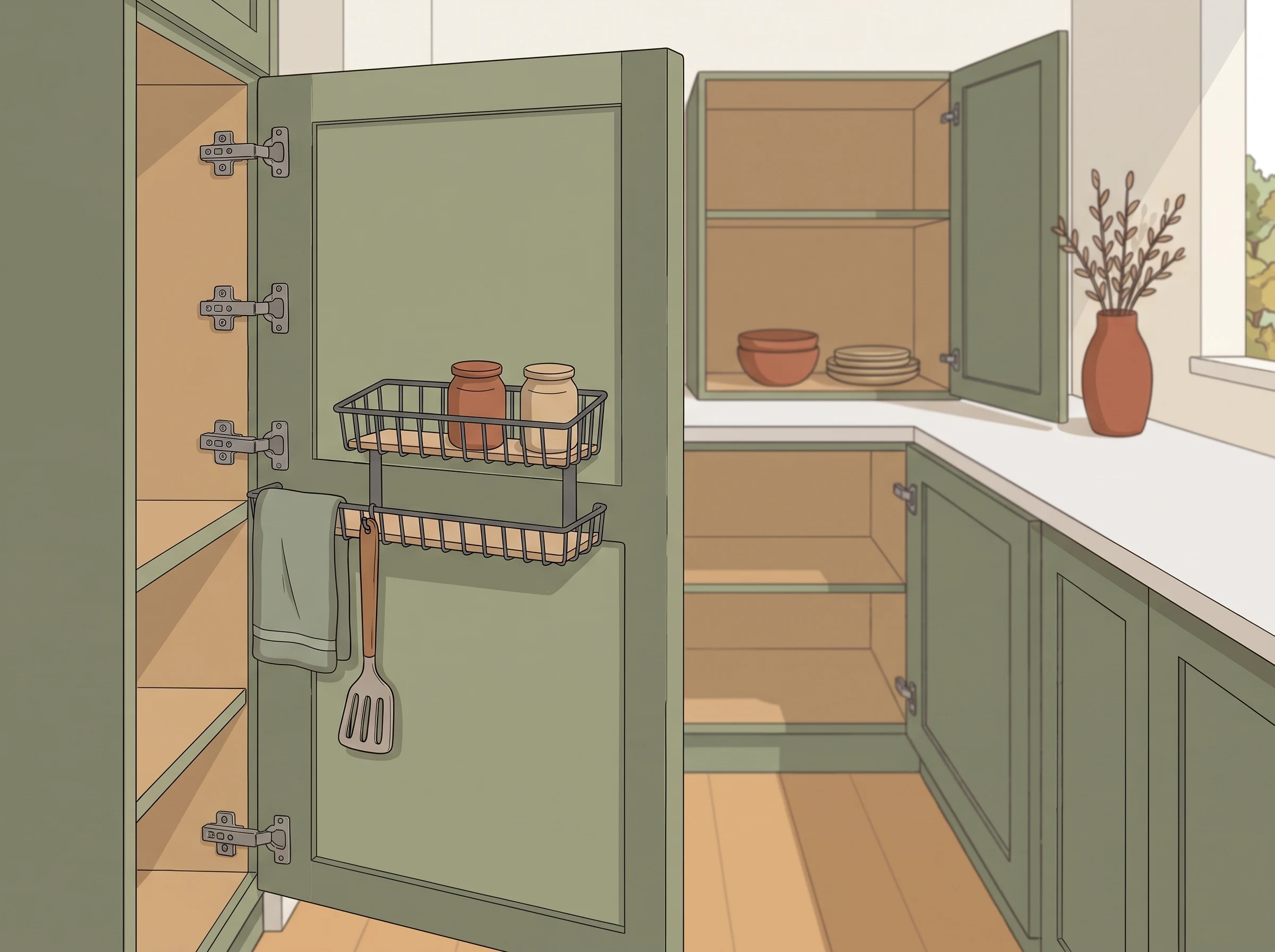 Open kitchen cabinet door with a simple organizer holding lightweight kitchen items.