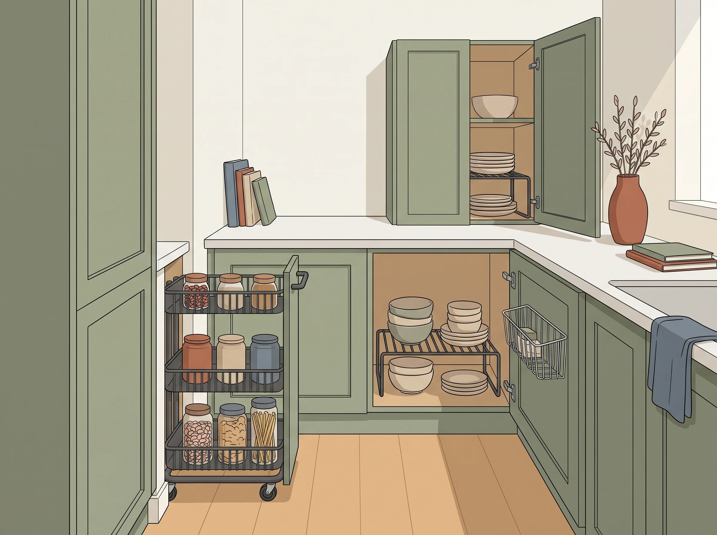 Slim generic pull-out cart positioned in a narrow gap beside kitchen cabinets.