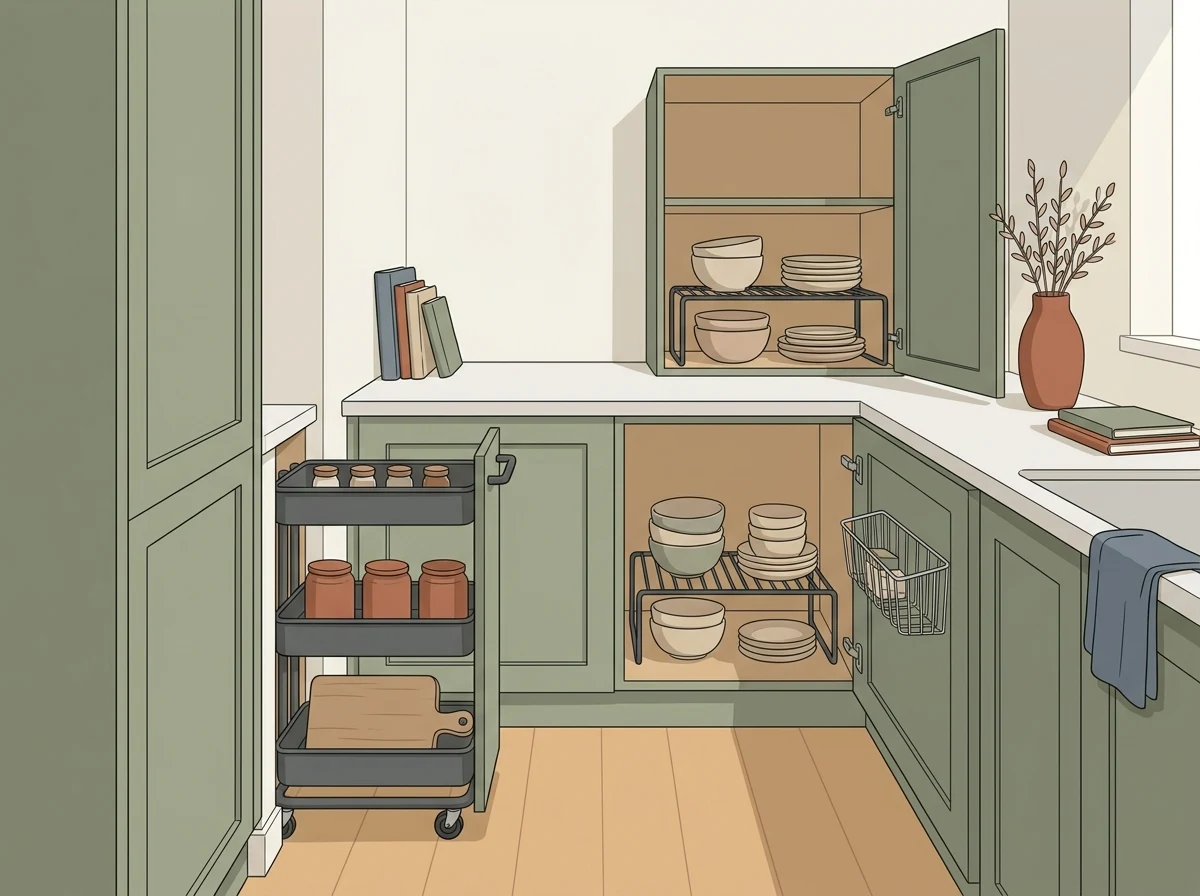 A slim rolling cart tucked into a narrow kitchen gap beside a cabinet, with accessible pantry items.