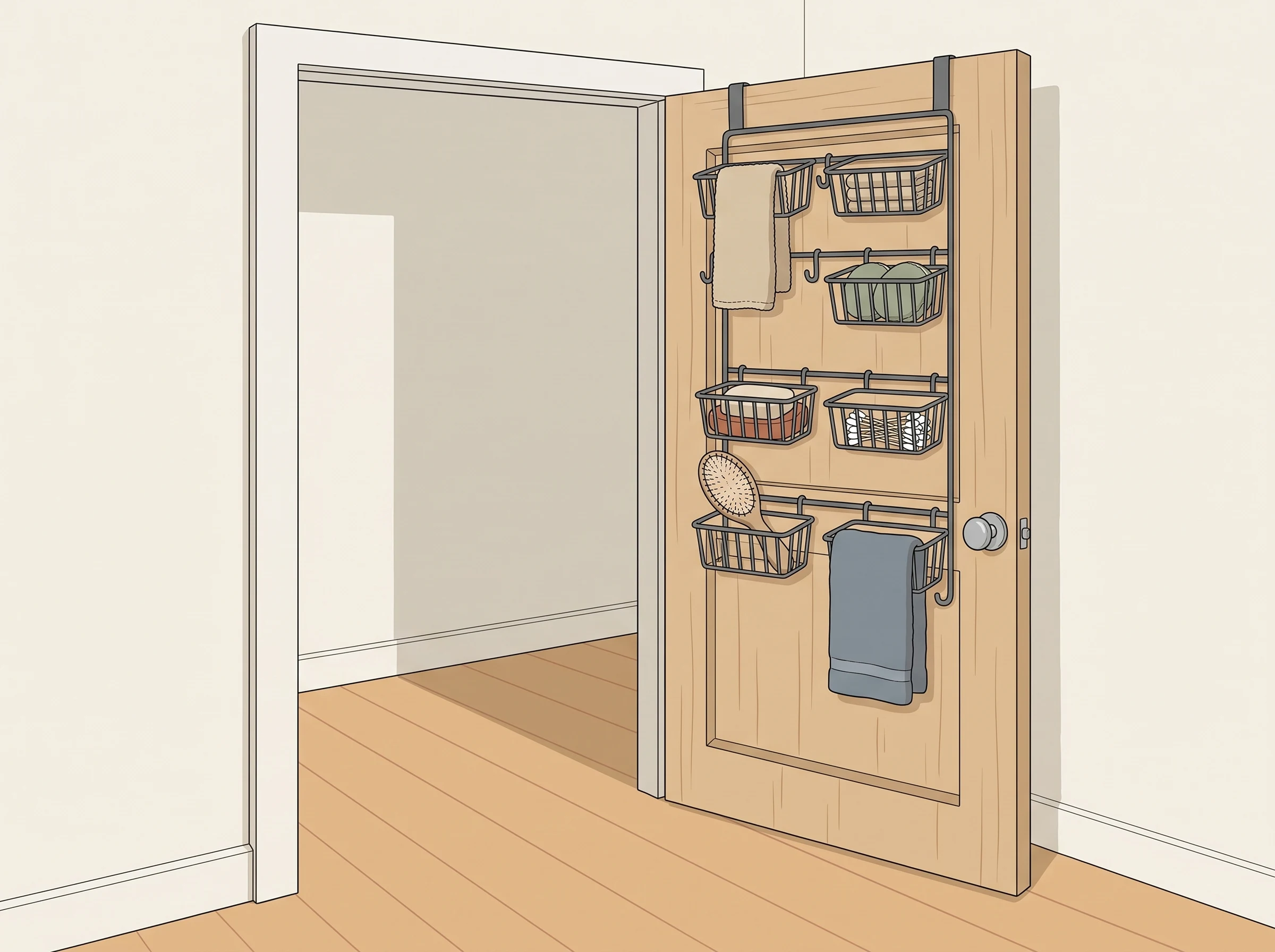 Bathroom door with a simple over-the-door organizer holding lightweight towels and accessories.