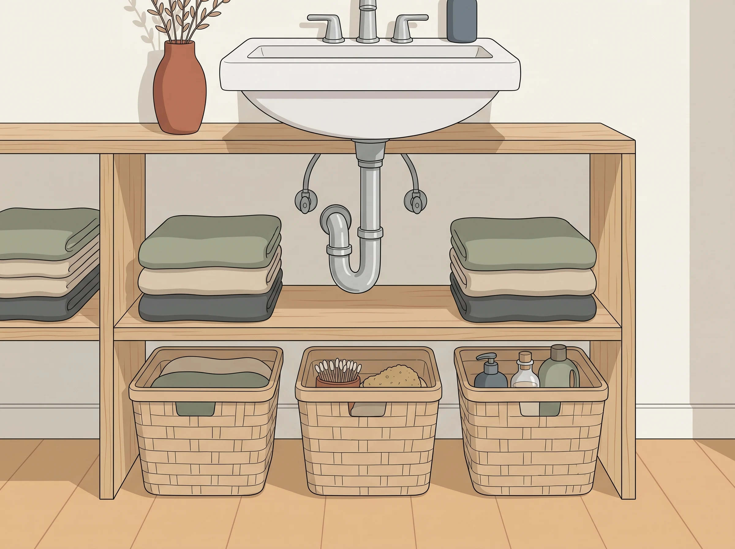 Freestanding open shelf beneath and beside a bathroom sink with towels and baskets.