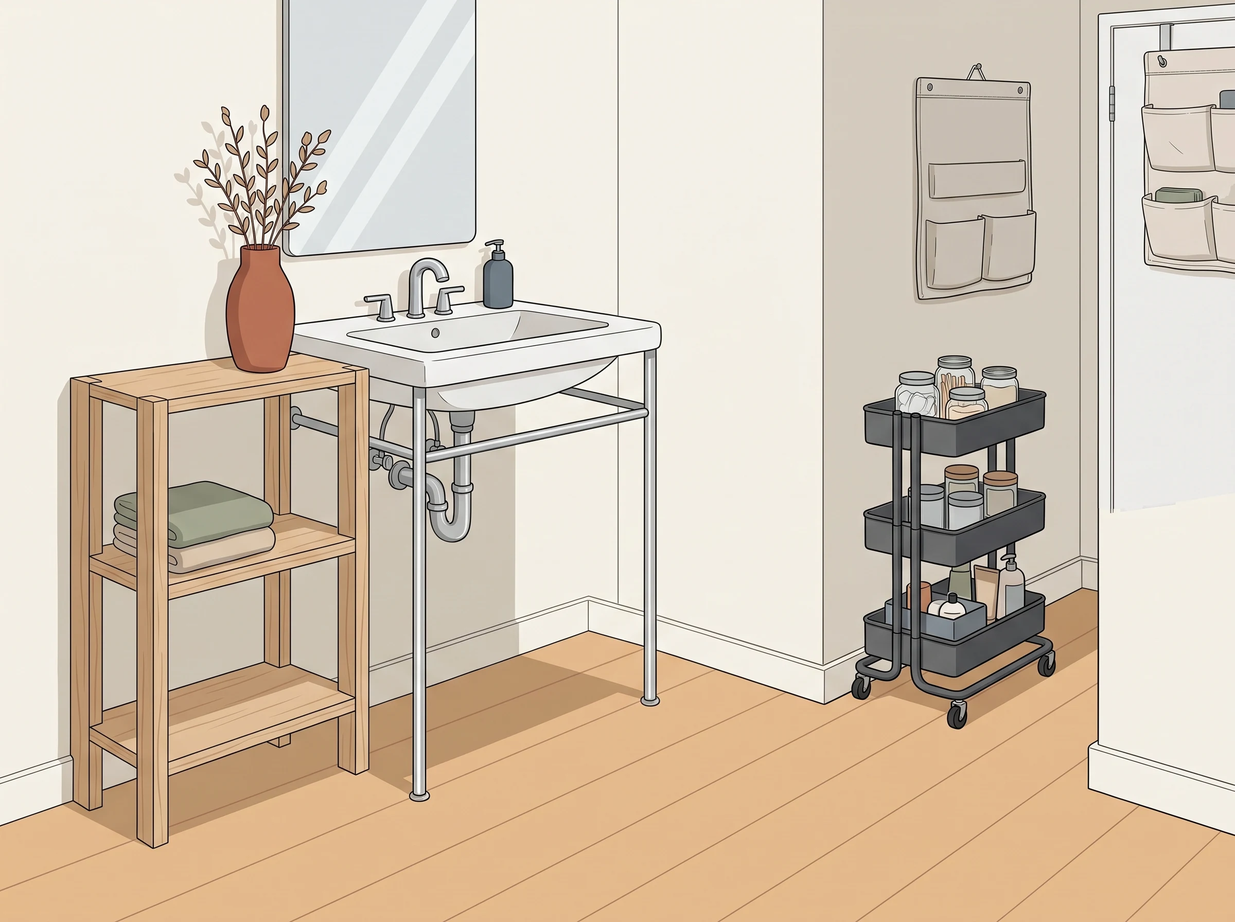 A renter-friendly bathroom with freestanding storage, a slim cart, and lightweight removable organizers on compatible tile.