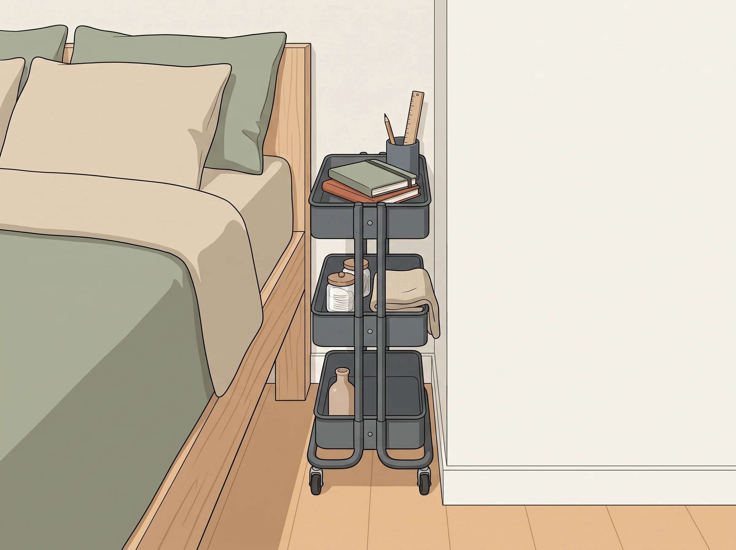 Slim rolling cart fitted between a bed and a wall with books and small bedroom essentials.