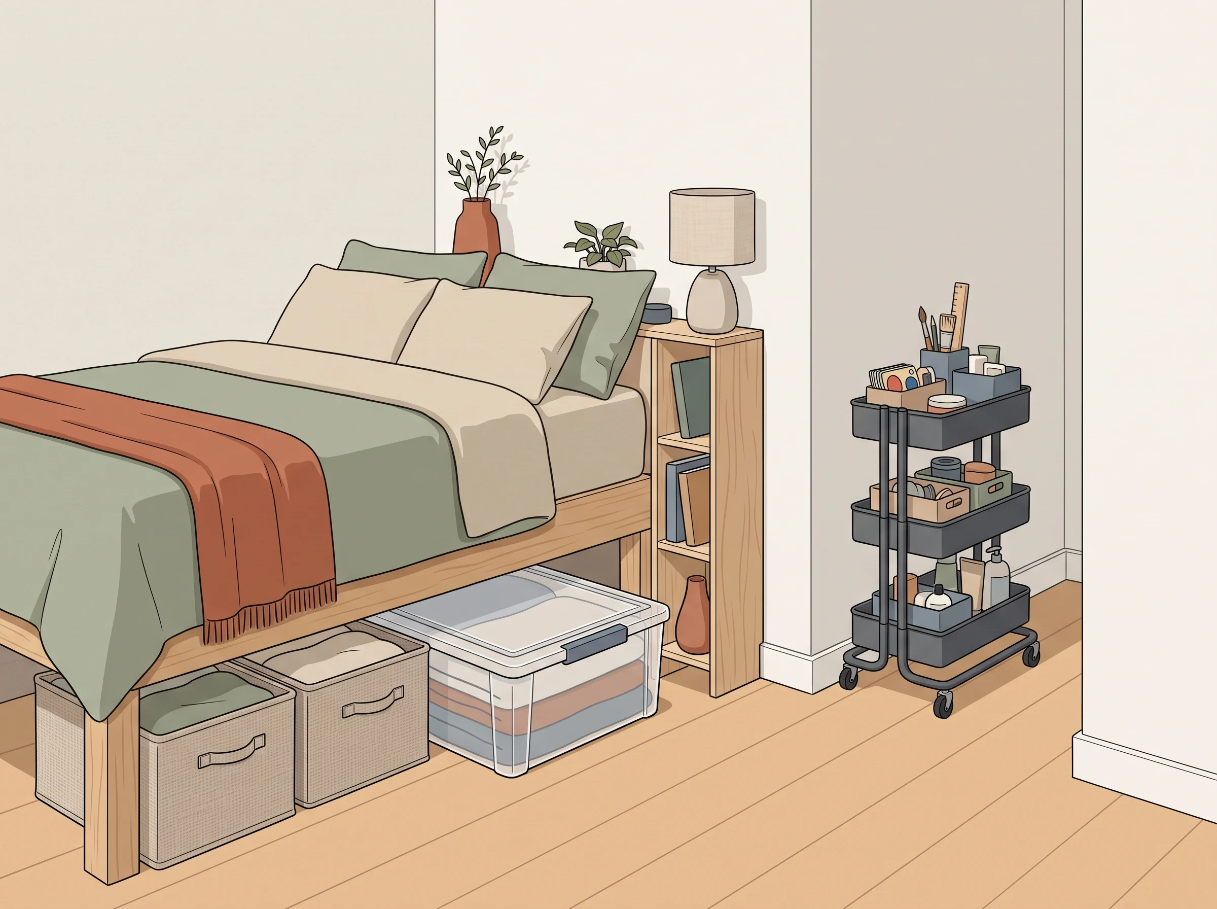 A calm small bedroom with a low bed, slim bedside storage, and a narrow rolling cart in an unused gap.