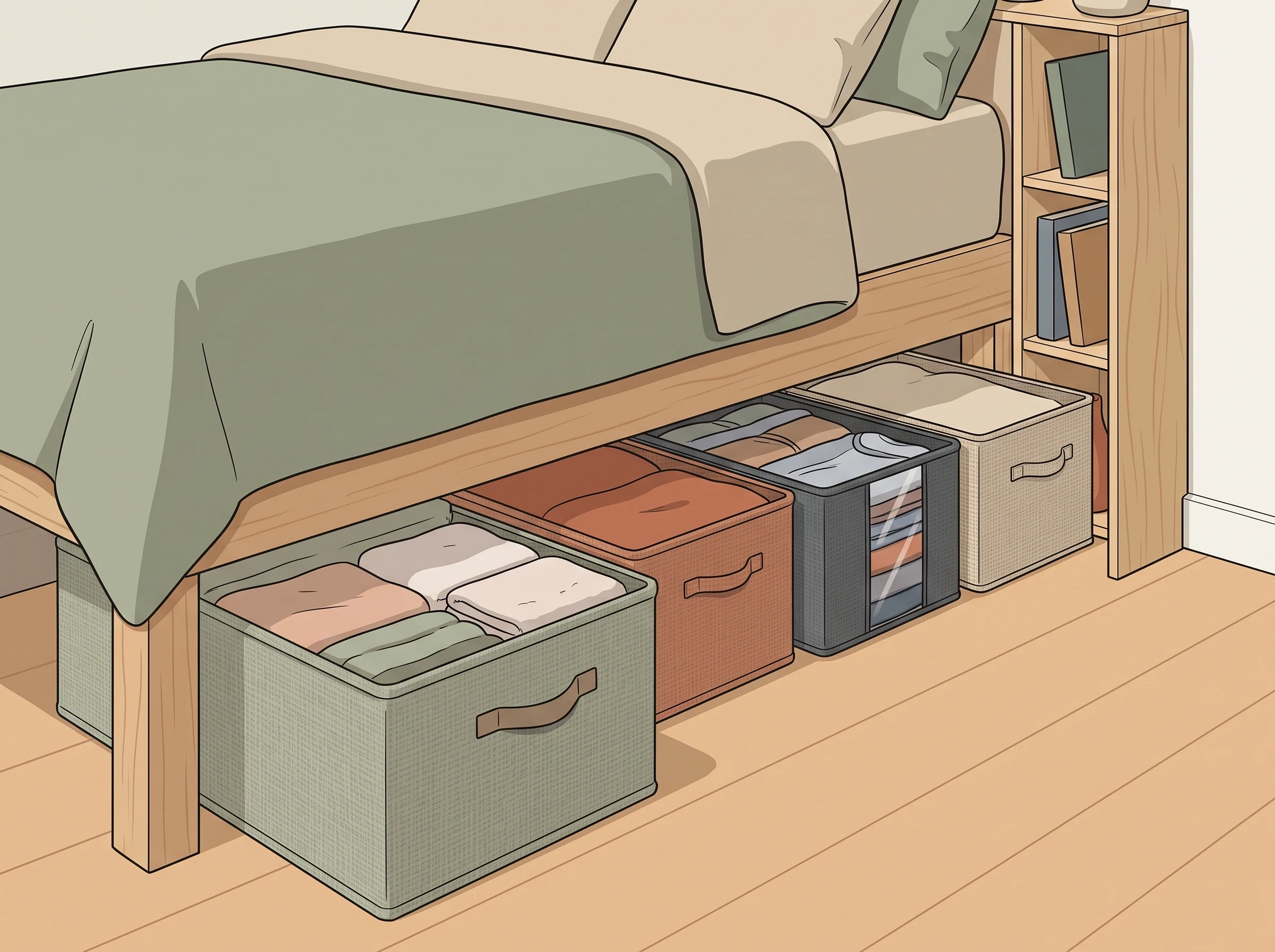 Low-profile fabric storage containers arranged beneath a bed in a small bedroom.