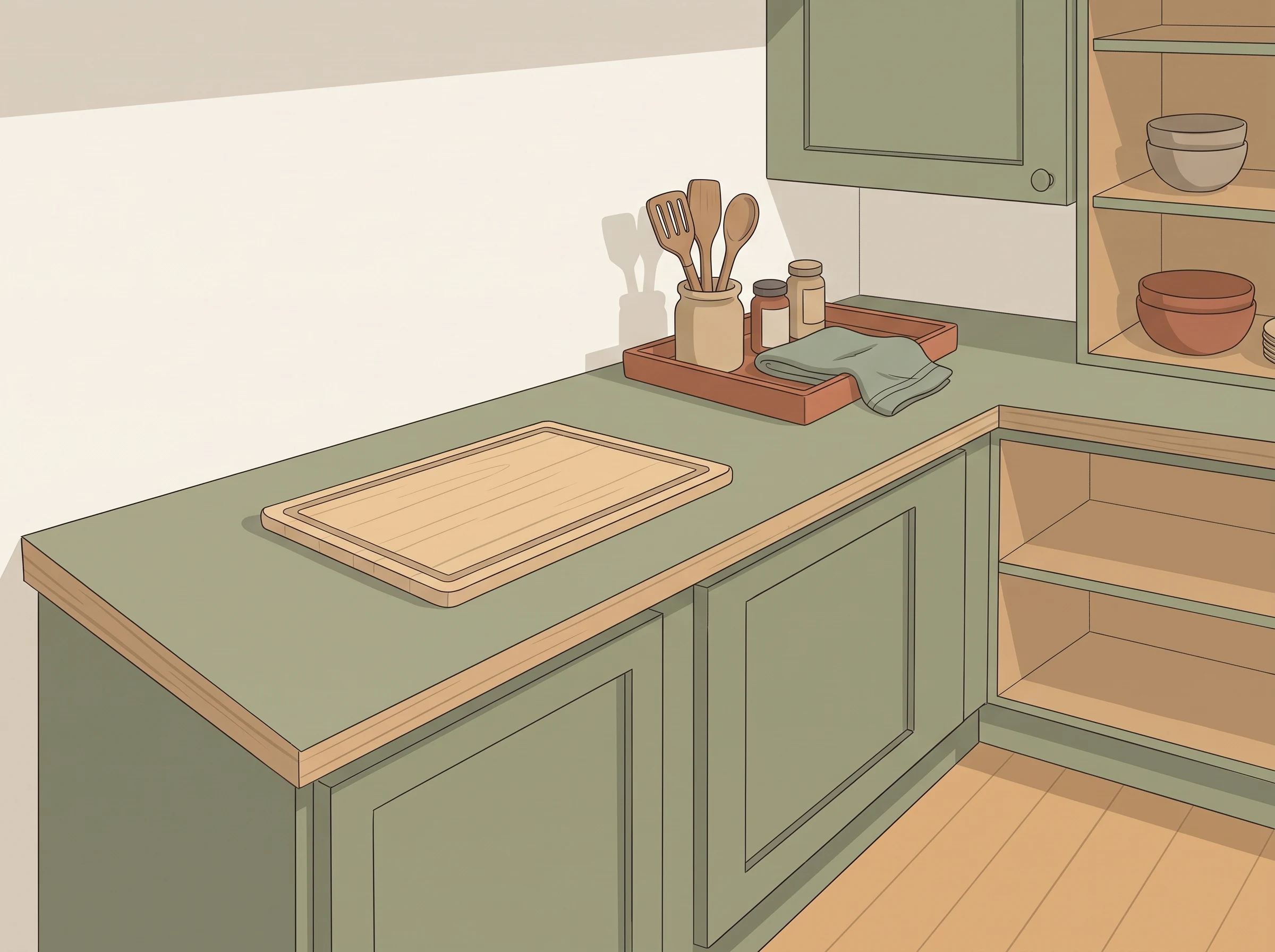 Clear section of a compact kitchen counter beside a small tray of daily essentials.