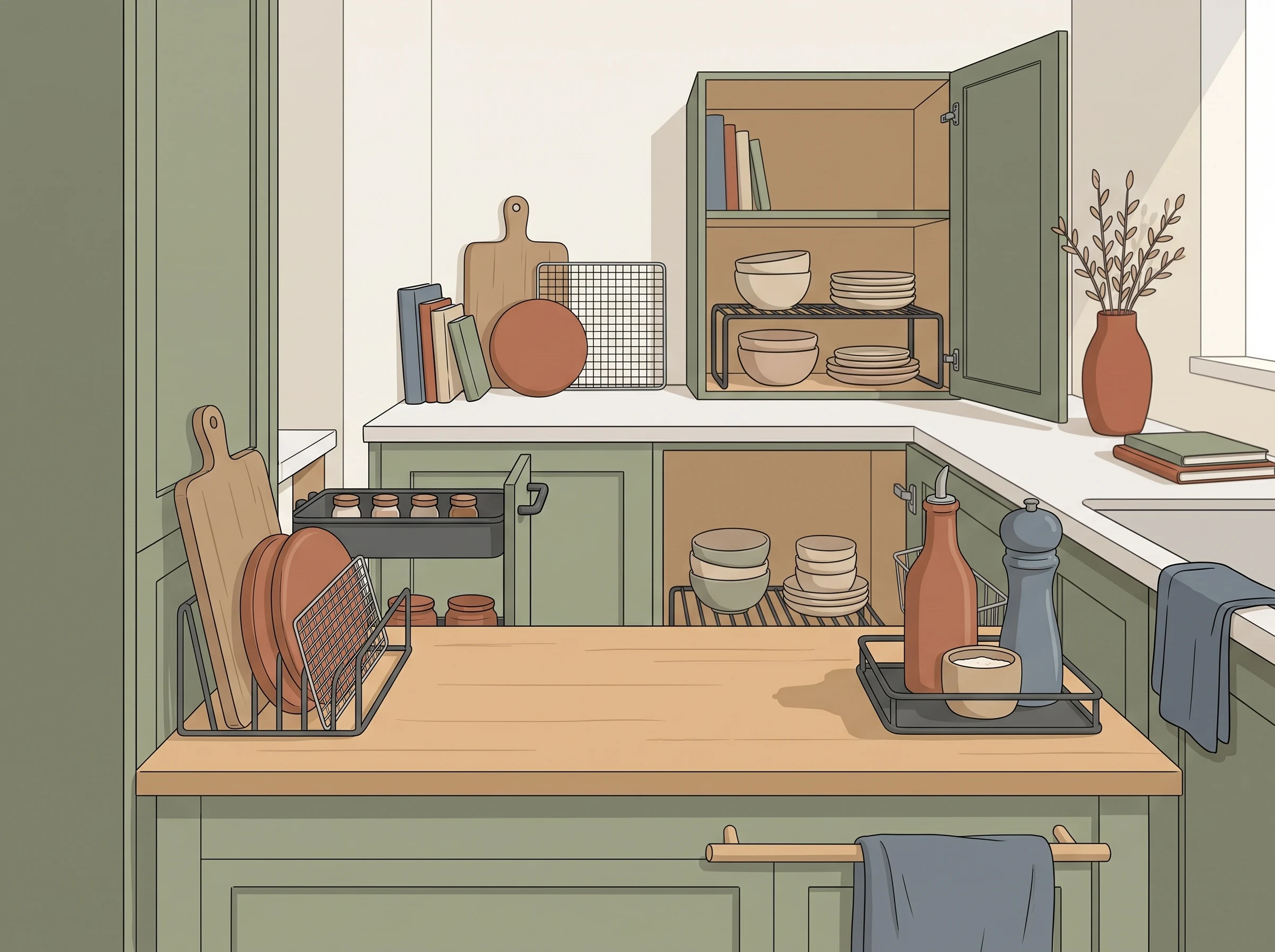 A small kitchen counter with one clear prep zone, a compact tray of essentials, and a tidy sink caddy.