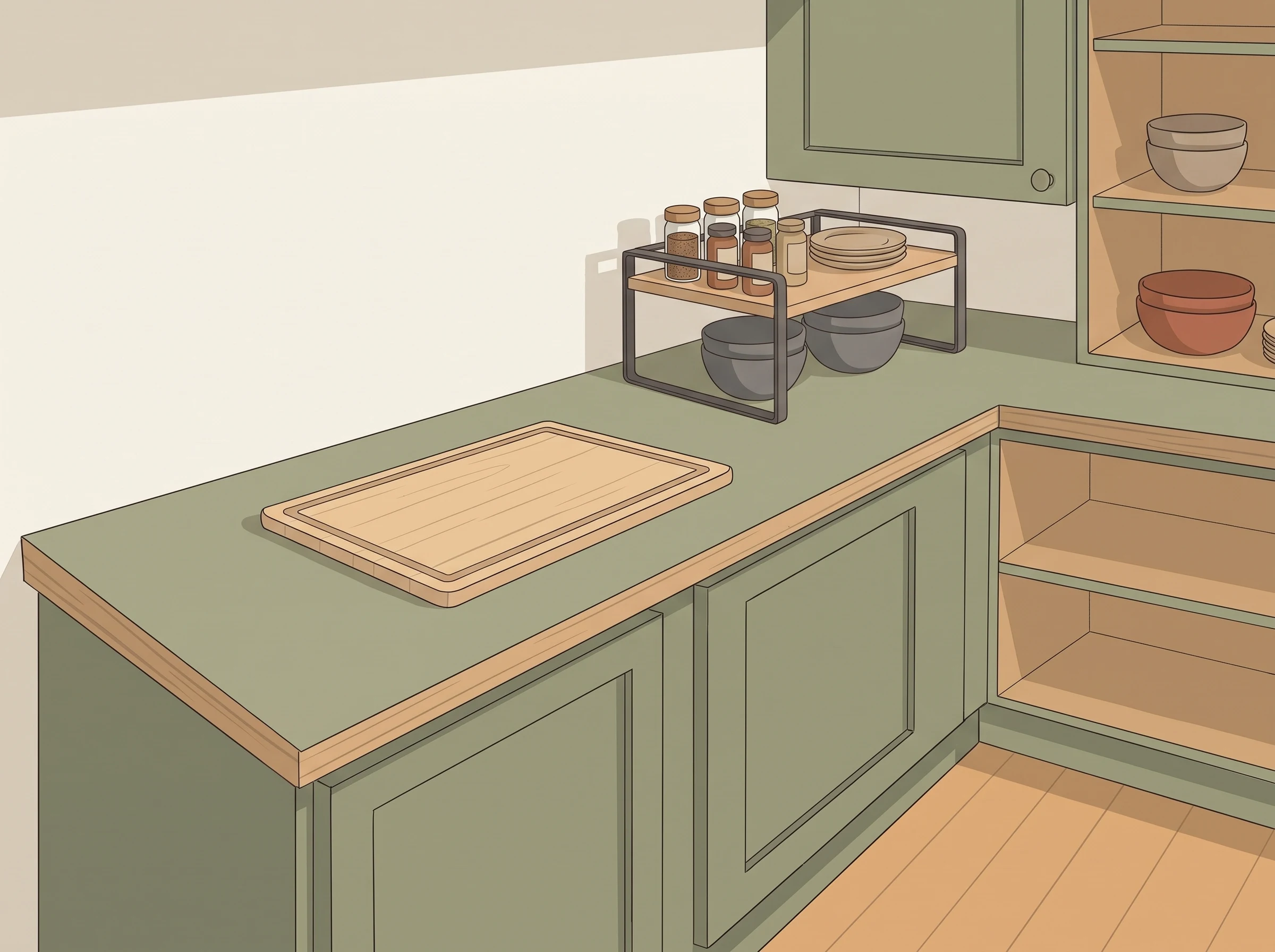 Small two-tier counter organizer holding spice jars and dishes beside open prep space.