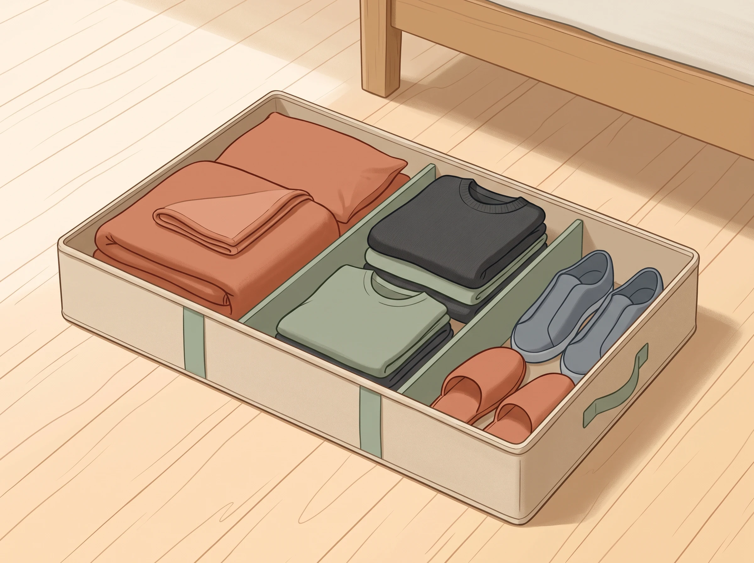 Open under-bed container divided into sections for bedding, clothing, and shoes.