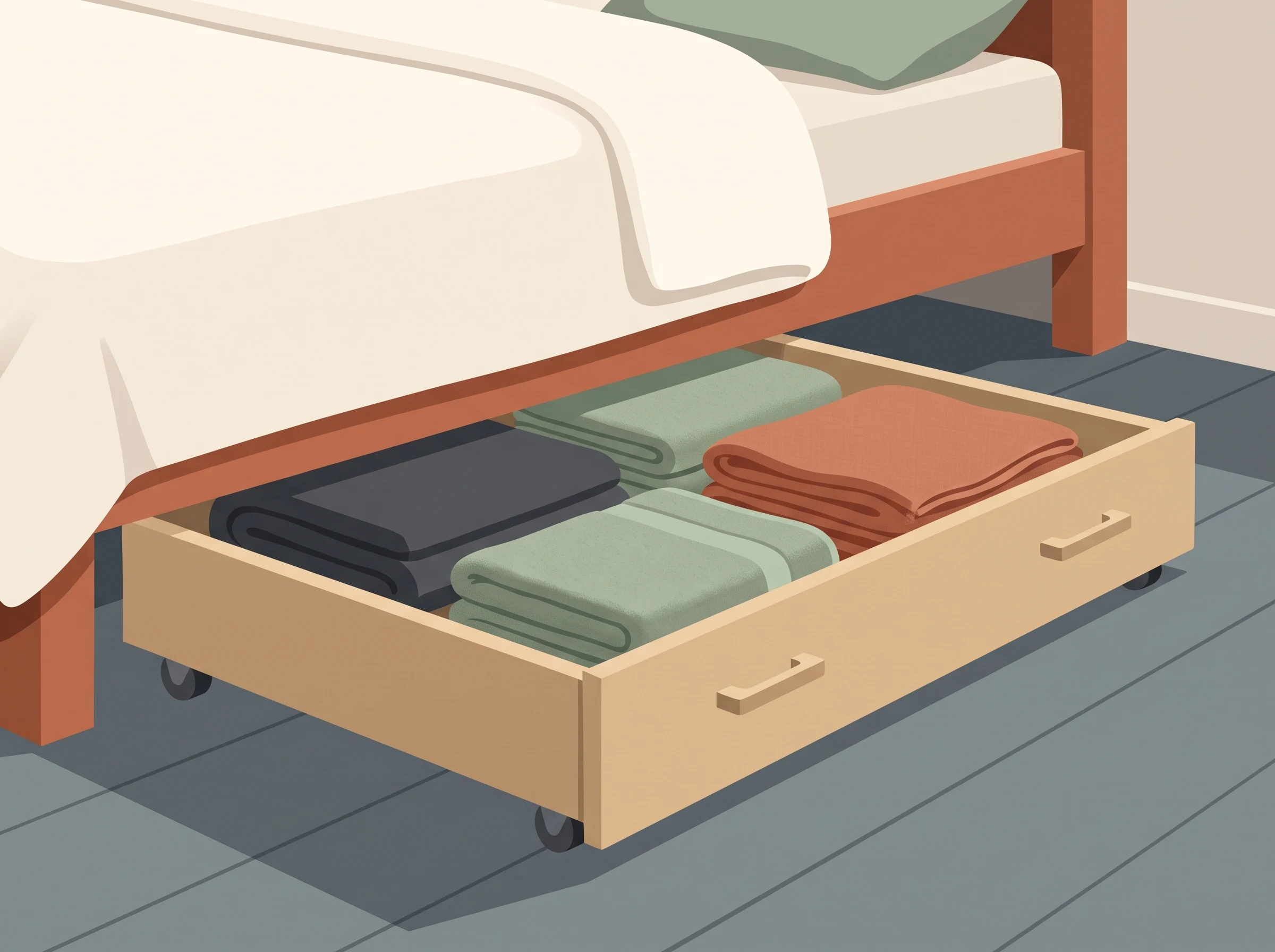 Low rolling under-bed storage drawer pulled out from beneath a bed with folded linens inside.