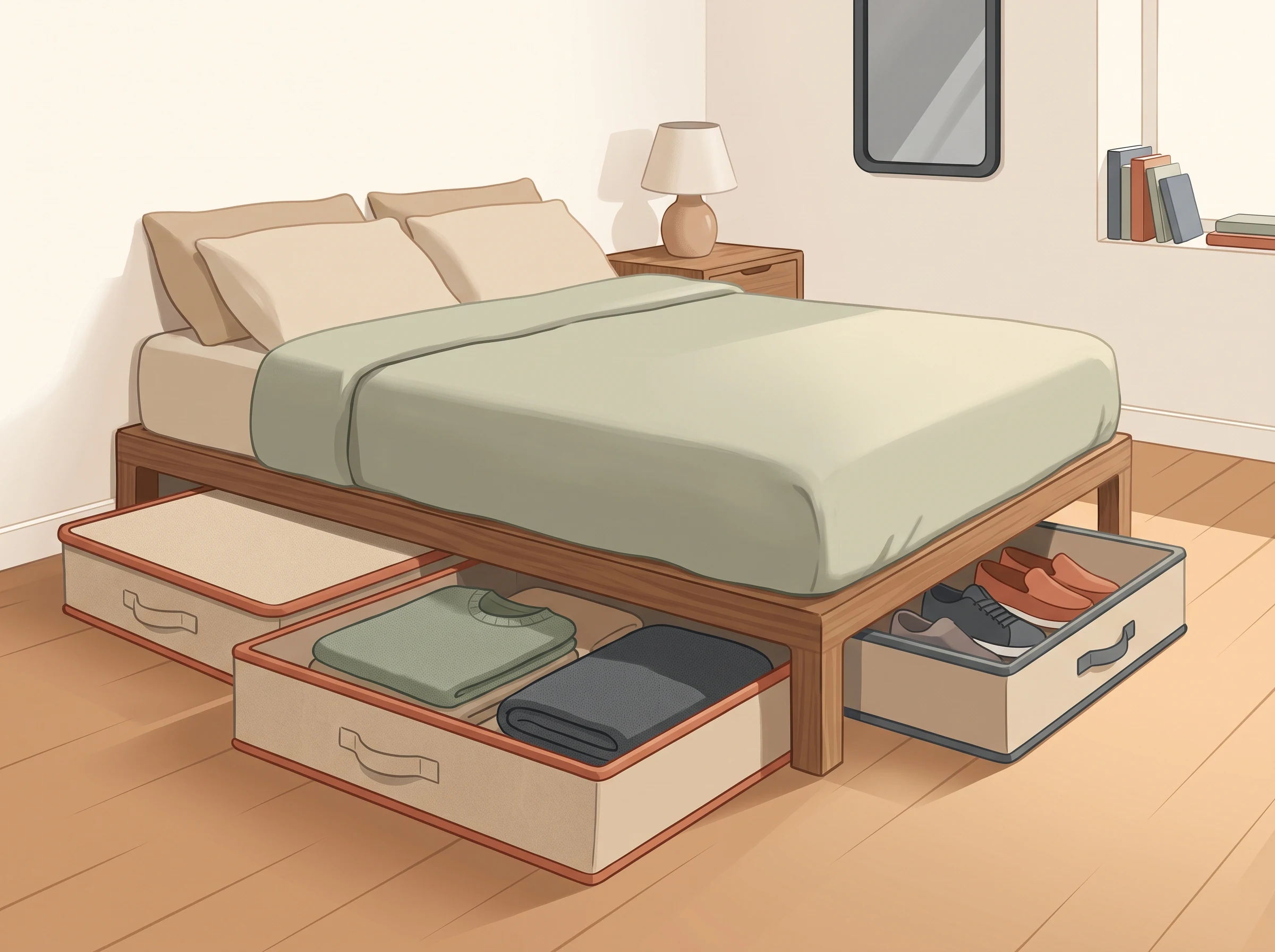 A neatly made low bed with labeled low-profile storage containers pulled partway out from beneath it.