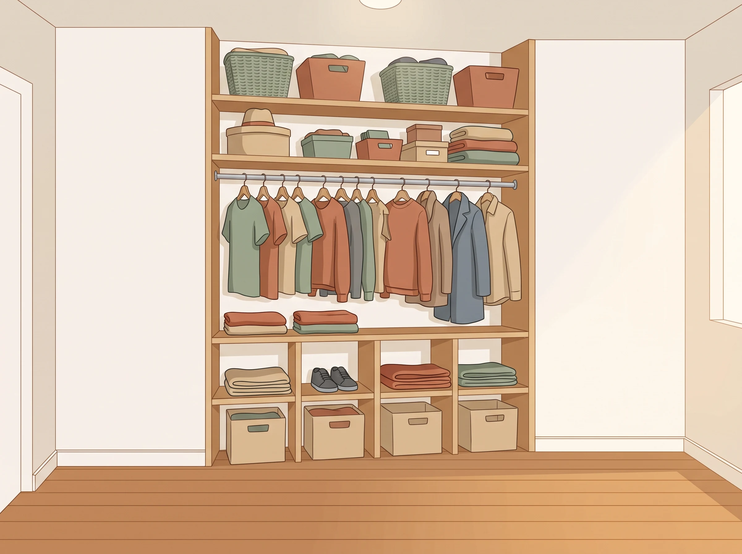 Open closet interior with high shelf bins, hanging clothes, and lower storage zones.