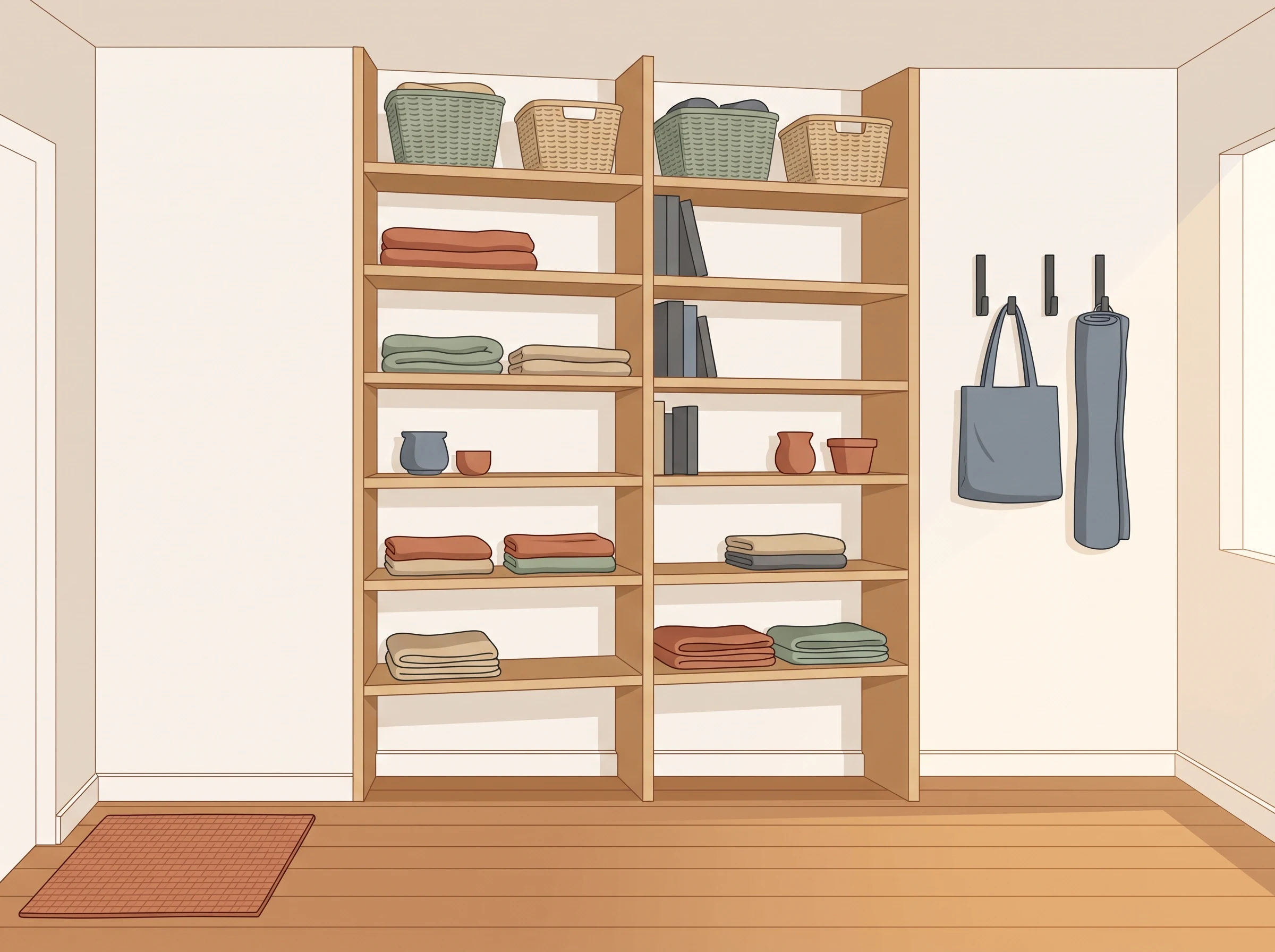 A small apartment wall with tall narrow shelving, closed bins, and open shelves while the floor area remains clear.
