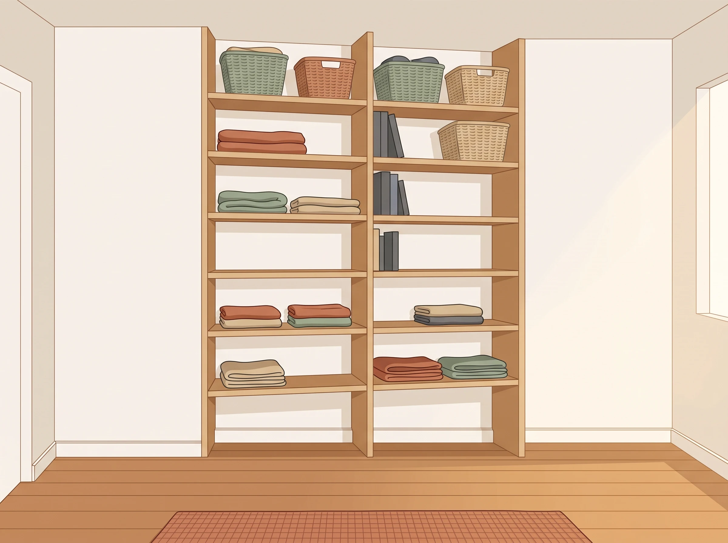 Tall shallow shelf against a wall holding baskets, books, and folded textiles in a small apartment.
